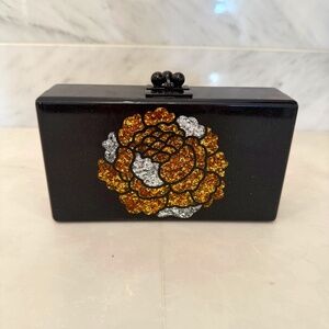 Edie Parker Black Box Clutch with metallic gold & silver flower
